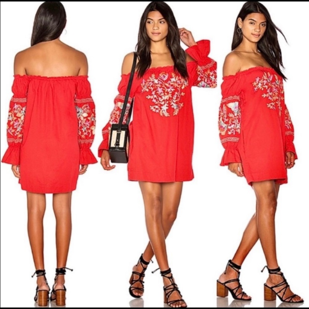 Free People Fleur Du Jour Red Small Embroidered Mini Dress